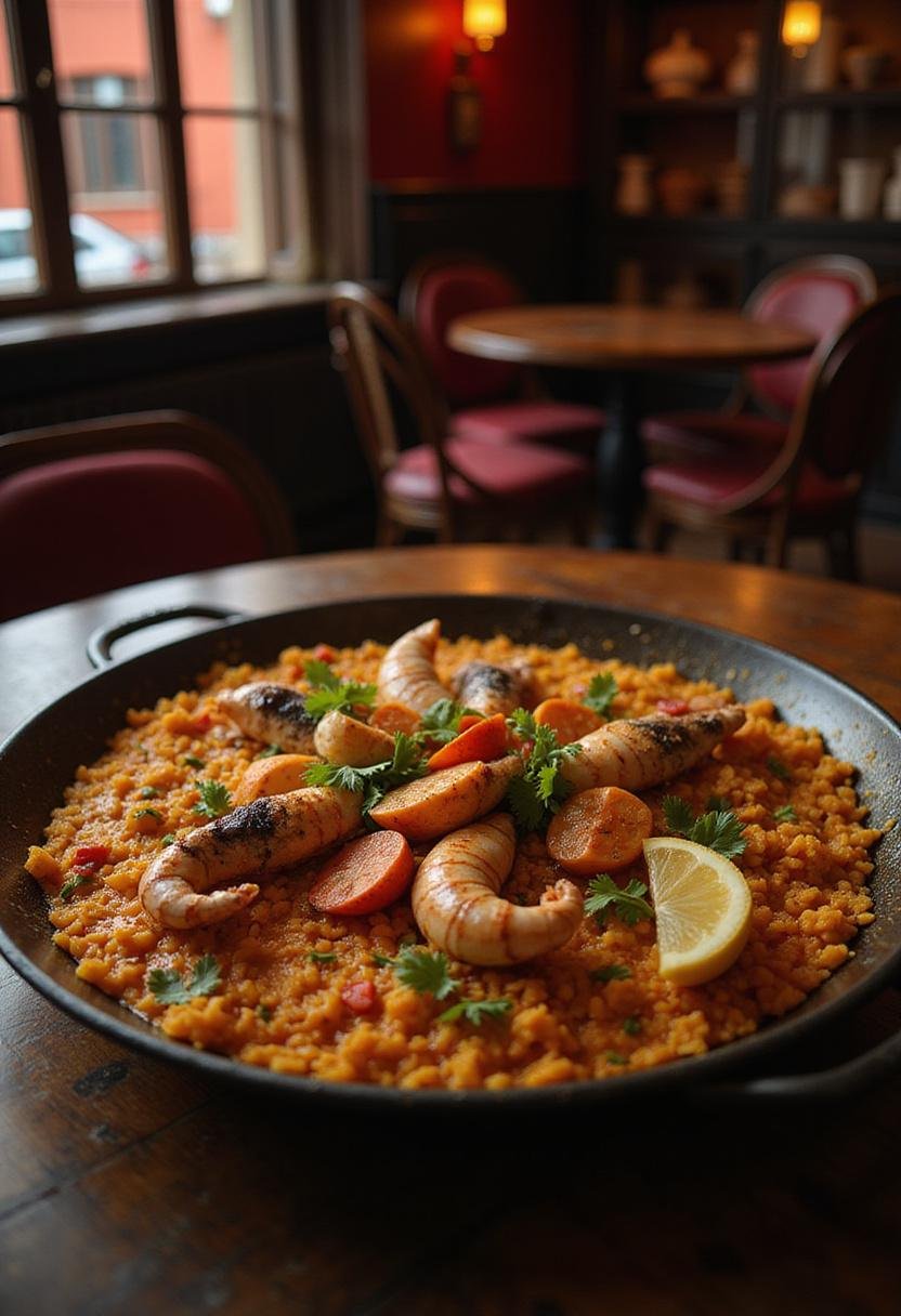 Authentic paella with seafood and saffron rice in a Money Heist-inspired setting, featuring vibrant colors and rustic presentation.