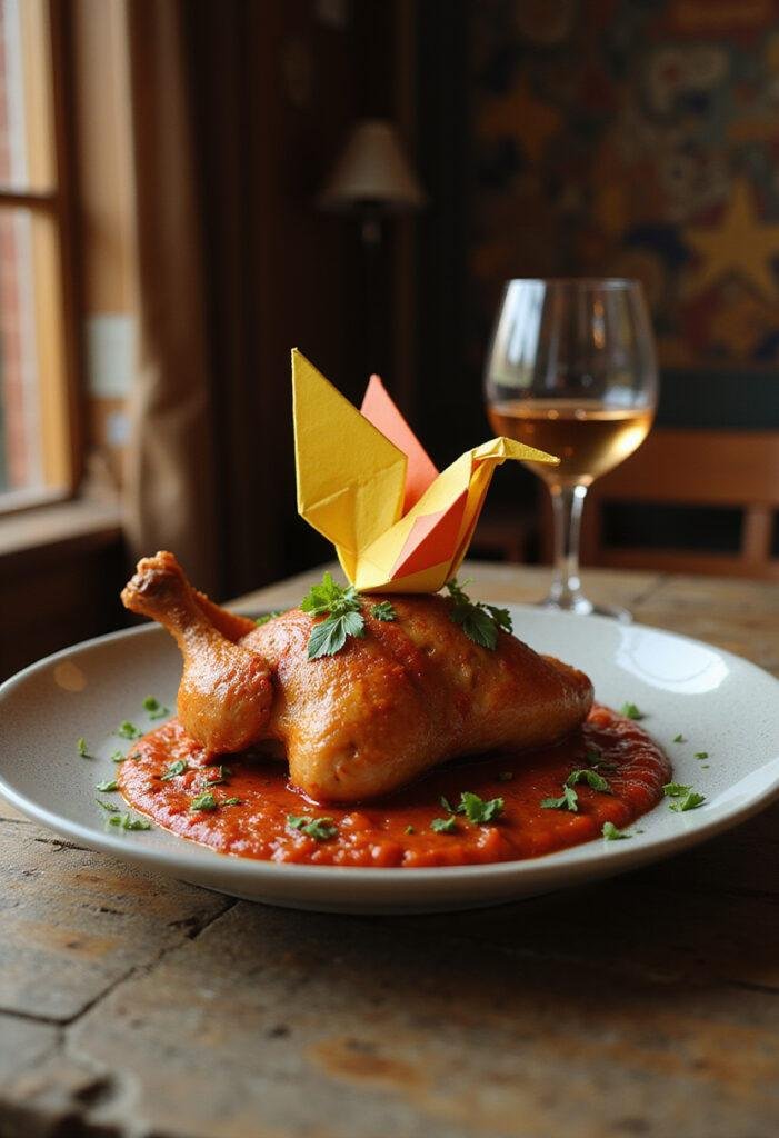 Money Heist The Professor's Origami Bird Paprika Chicken served on a rustic table with an origami bird decoration, inspired by Spanish themes and the TV show.