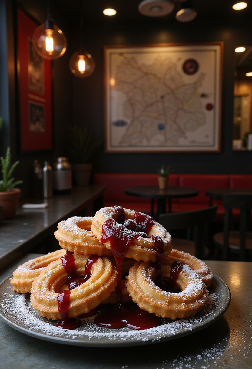 Money Heist Tokyo's Cherry Bomb Churros served on a plate with cherry syrup and powdered sugar in a themed kitchen setting.