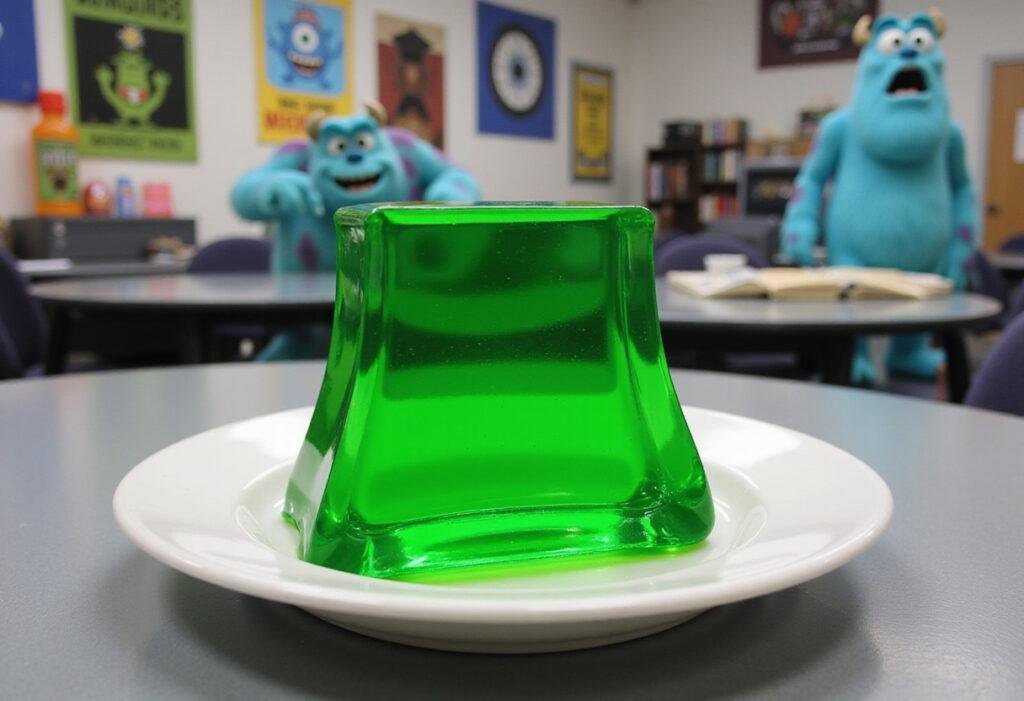 Monsters University's Oozma Kappa Jello served on a college party table with themed decorations, featuring bright green Jello inspired by Monsters University.