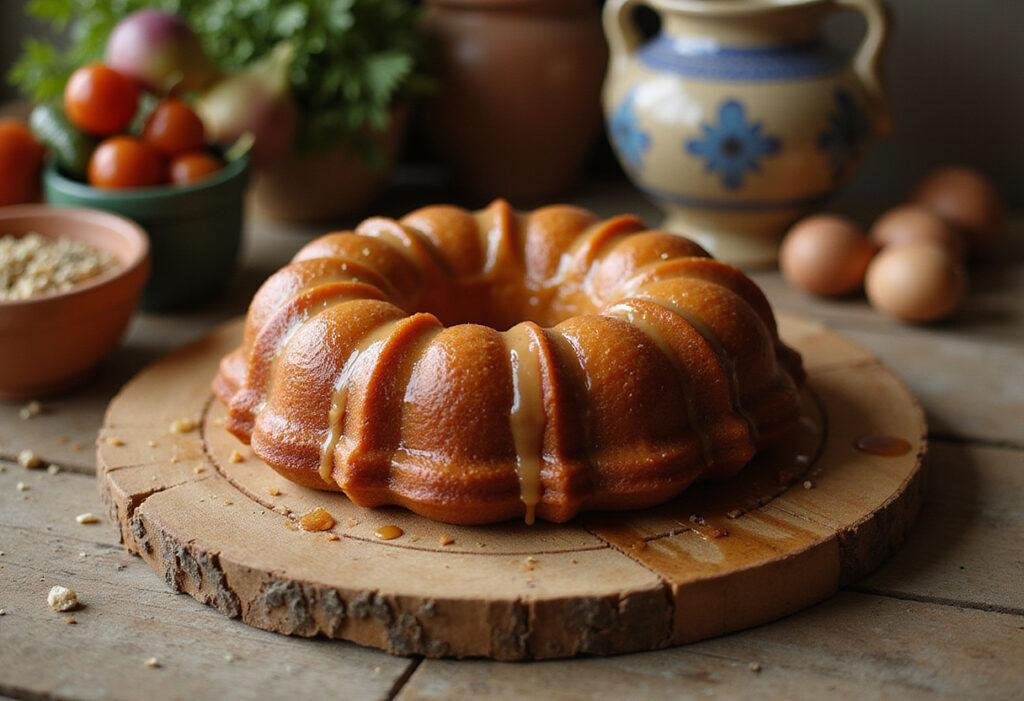 My Big Fat Greek Wedding's Bundt Cake on a rustic table surrounded by Greek-inspired decor and ingredients, realistic and inviting.
