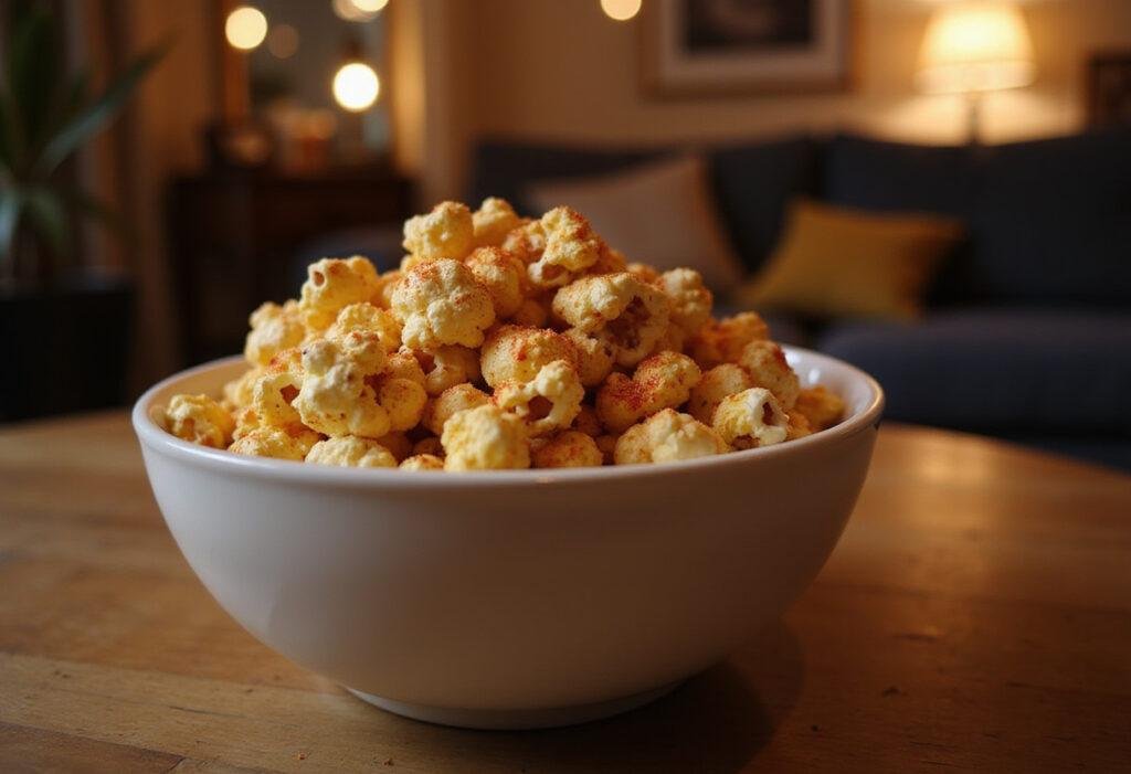Spicy popcorn inspired by New Girl's The Pepperwood Chronicles, served in a cozy apartment setting with chili seasoning and warm lighting.