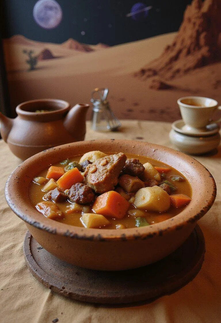 Obi-Wan Kenobi's Tatooine Stew served in a rustic bowl on a desert-themed Star Wars setting, highlighting sci-fi cuisine inspired by Tatooine.