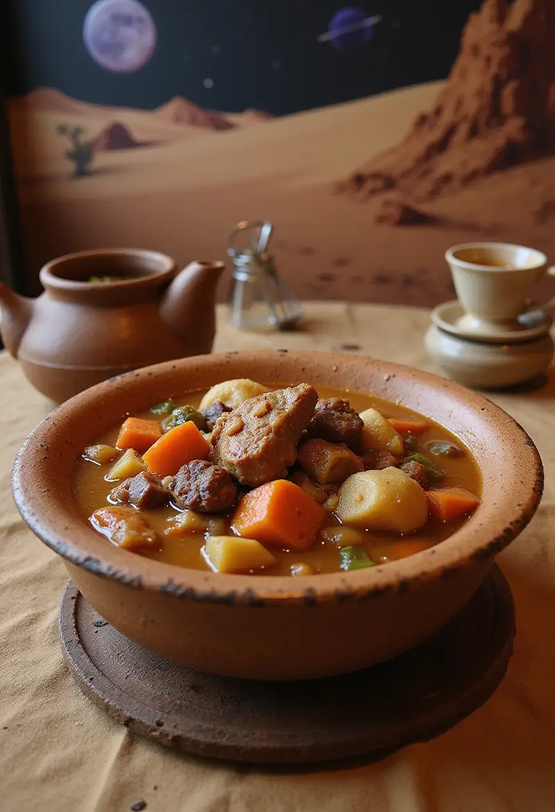 Obi-Wan Kenobi's Tatooine Stew served in a rustic bowl on a desert-themed Star Wars setting, highlighting sci-fi cuisine inspired by Tatooine.