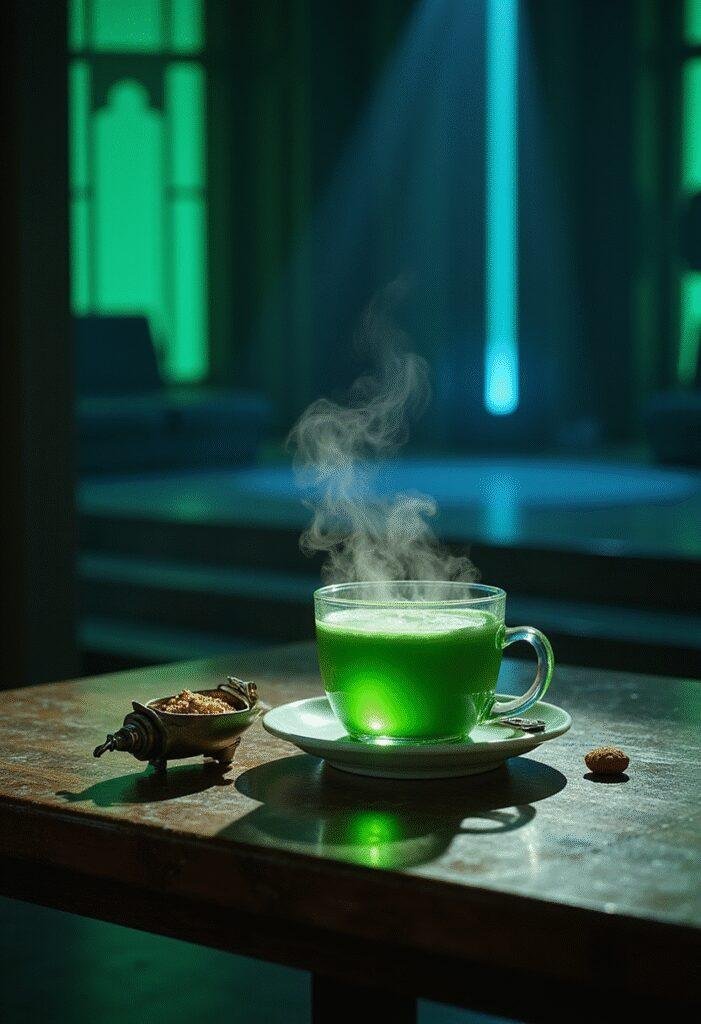 Obi-Wan Kenobi Jedi Master Green Tea served in a realistic setting with a Jedi temple theme and a lightsaber-inspired infuser.