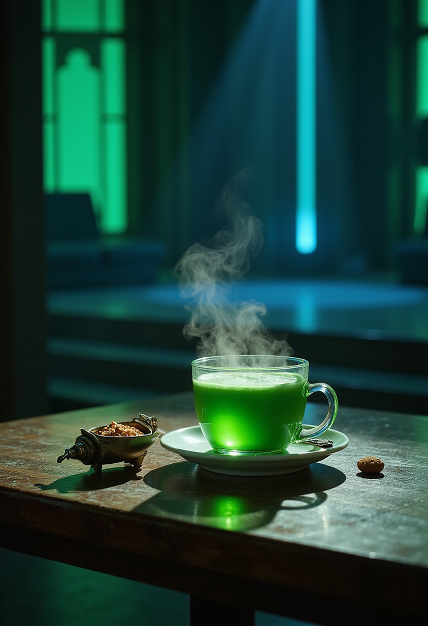 Obi-Wan Kenobi Jedi Master Green Tea served in a realistic setting with a Jedi temple theme and a lightsaber-inspired infuser.