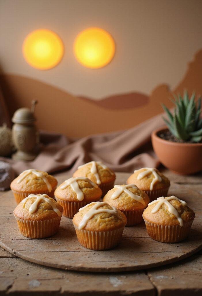 Obi-Wan Kenobi Moisture Farmer Muffins in a desert setting with twin suns and Star Wars-inspired decorations, realistic and appealing