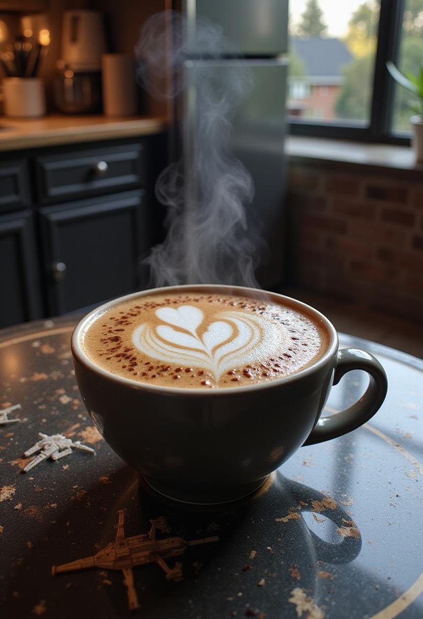 Obi-Wan Kenobi The Force Is Strong With This Coffee - galaxy-inspired coffee foam art in a sci-fi kitchen setting