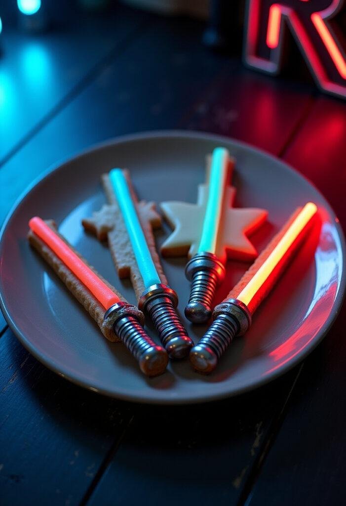 Star Wars-themed spinning lightsaber cookies inspired by Obi-Wan Kenobi and the Inquisitors, beautifully decorated and realistic in a sci-fi setting.