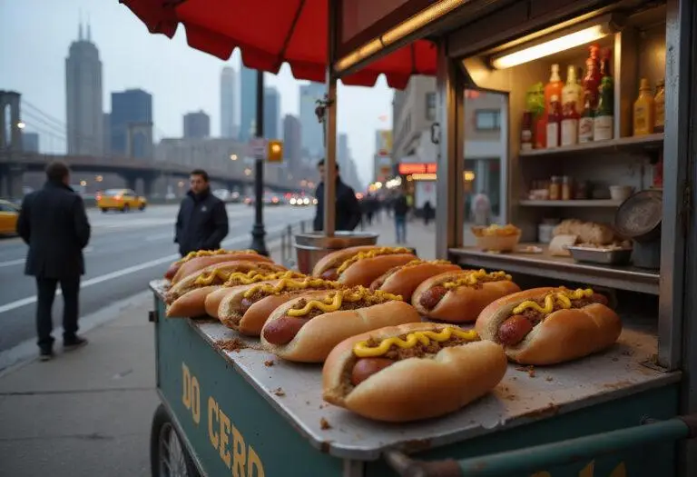 Oliver & Company's Hot Dog Cart Dogs served as realistic hot dogs in a New York City street scene, highlighting the iconic street food experience.