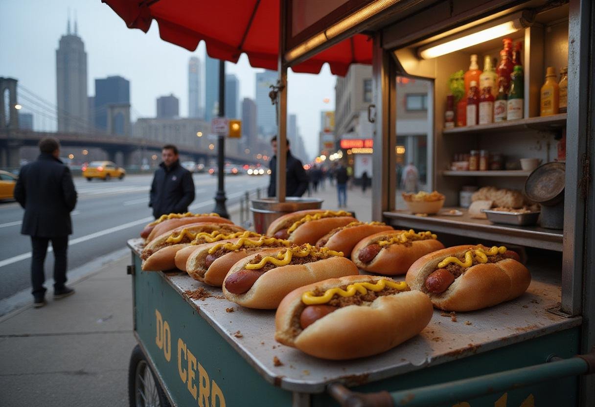 Oliver & Company's Hot Dog Cart Dogs served as realistic hot dogs in a New York City street scene, highlighting the iconic street food experience.