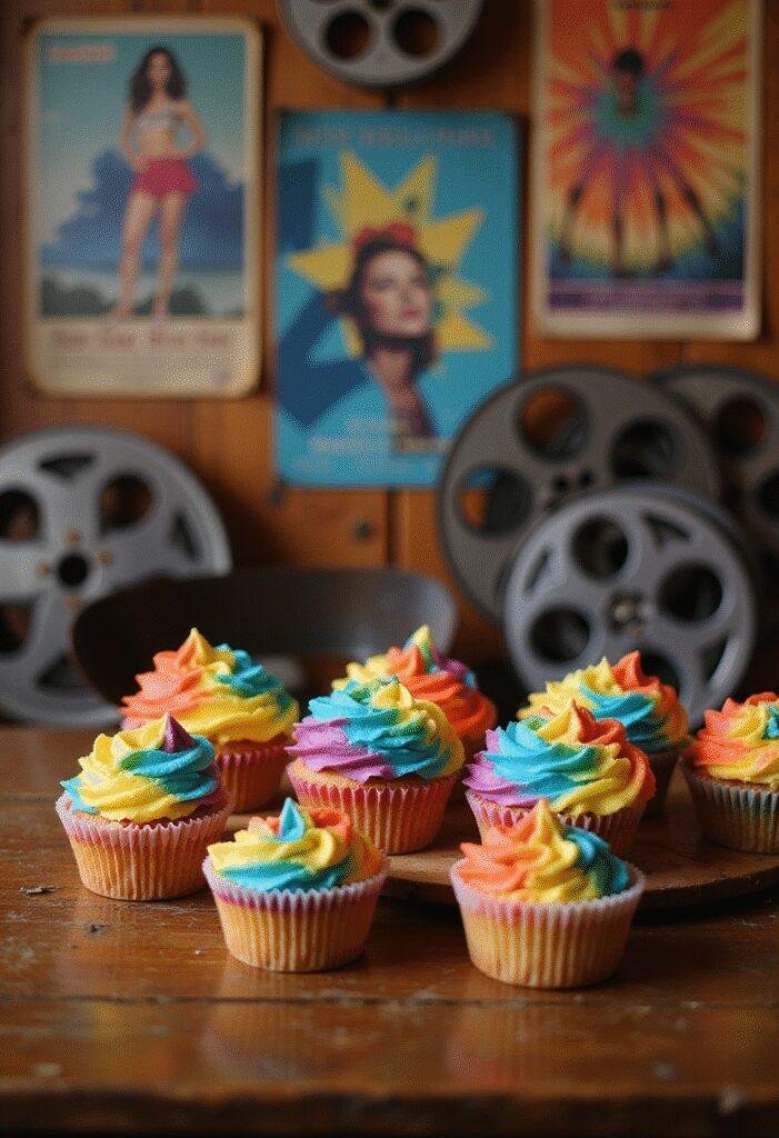 Colorful Tie-Dye Cupcakes inspired by Once Upon a Time in Hollywood, set in a 1960s Hollywood themed scene with vintage decor.