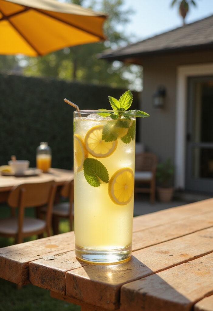 Once Upon a Time in Hollywood Cielo Drive Lemonade served in a tall glass with lemon slices and mint in a vintage Hollywood backyard setting.