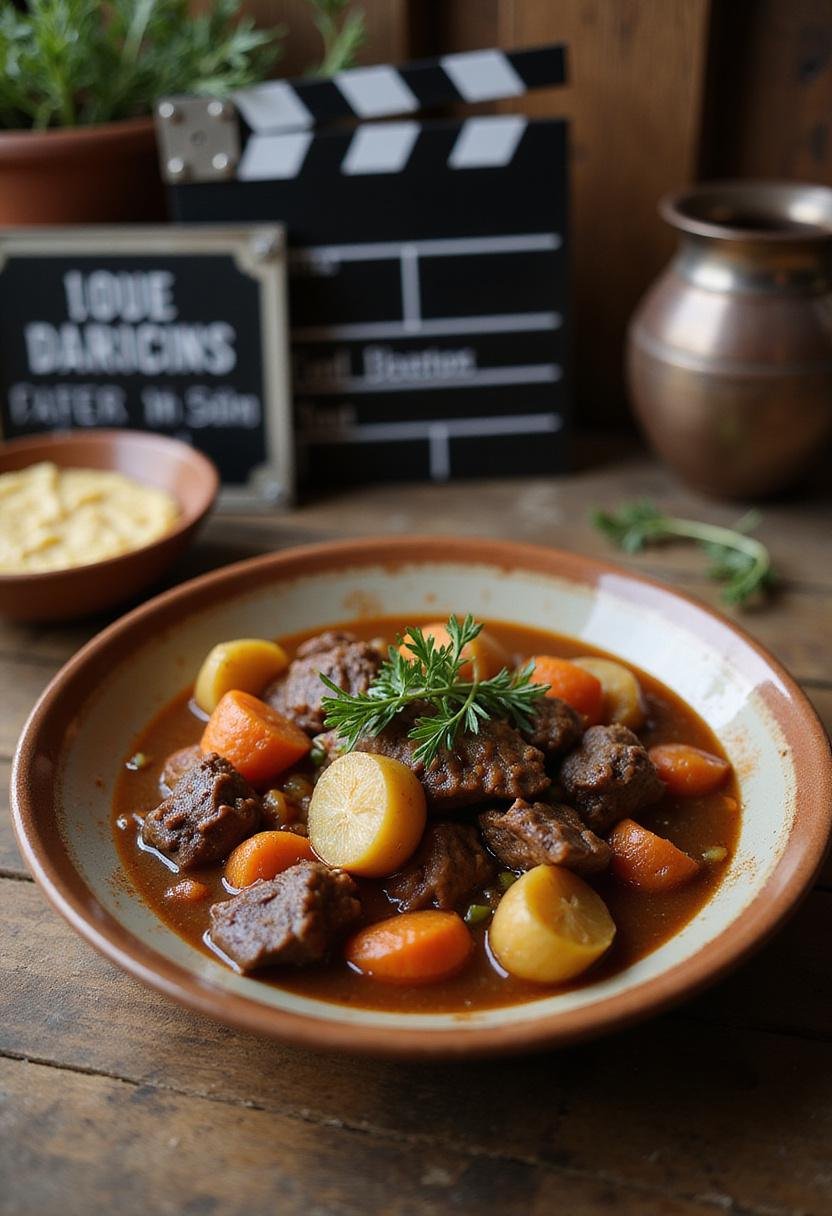 Hearty beef stew in a rustic bowl, inspired by Once Upon a Time in Hollywood, featuring tender beef, vegetables, and herbs in a vintage Hollywood setting.