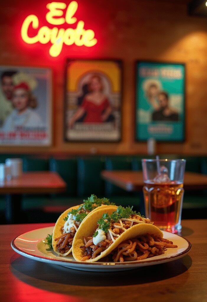 El Coyote Tacos served in a Hollywood-themed setting, realistic presentation with vintage movie decor from Once Upon a Time in Hollywood.