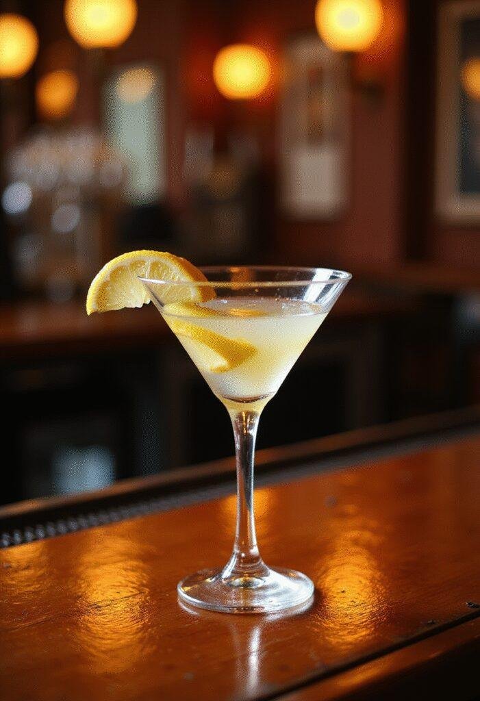 Once Upon a Time in Hollywood Musso & Frank Martini mocktail in vintage glass on bar, Hollywood-themed setting