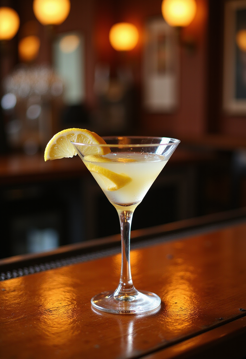 Once Upon a Time in Hollywood Musso & Frank Martini mocktail in vintage glass on bar, Hollywood-themed setting