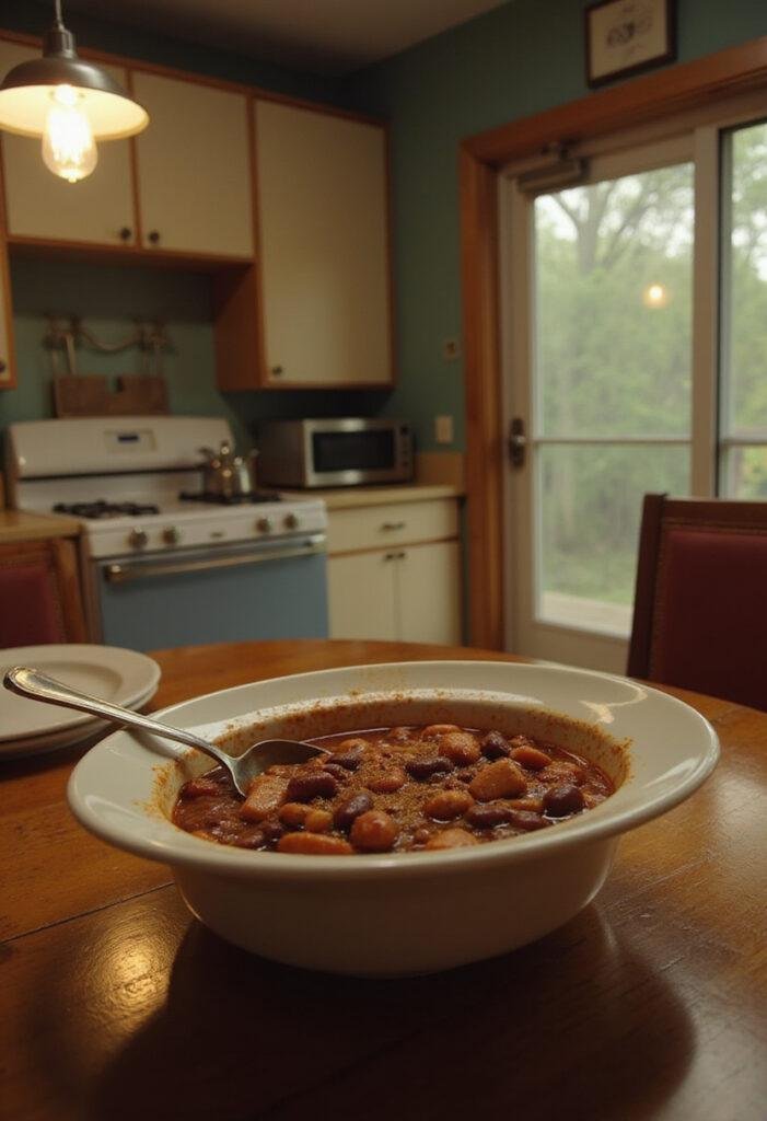 Rick Dalton's Bounty Law Chili from Once Upon a Time in Hollywood presented in a vintage 1960s-style kitchen setting