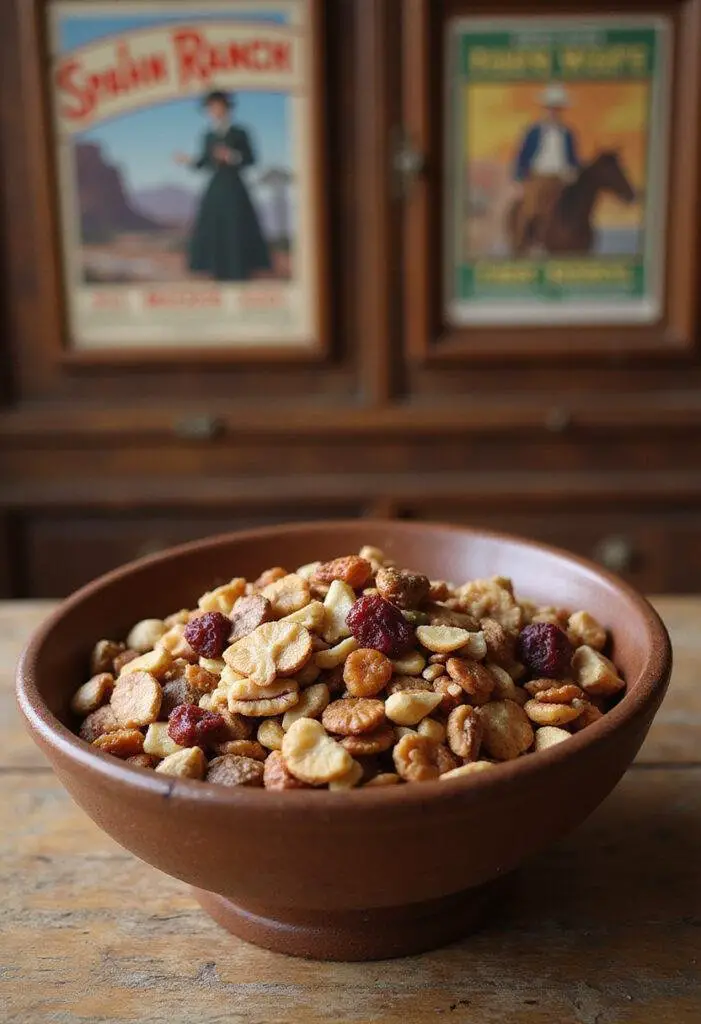 Once Upon a Time in Hollywood Spahn Ranch Trail Mix in a rustic setting with vintage western decor, showcasing nuts, dried fruits, and seeds.