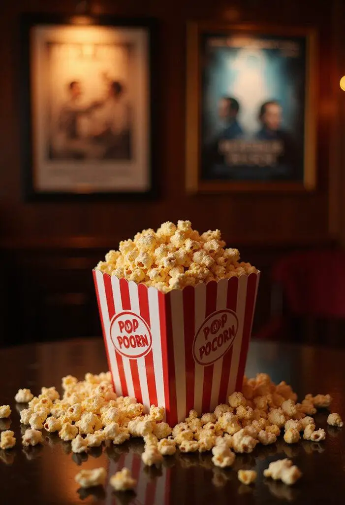 Golden-dusted Hollywood popcorn in a vintage box, set in a classic movie theater scene inspired by Once Upon a Time in Hollywood.