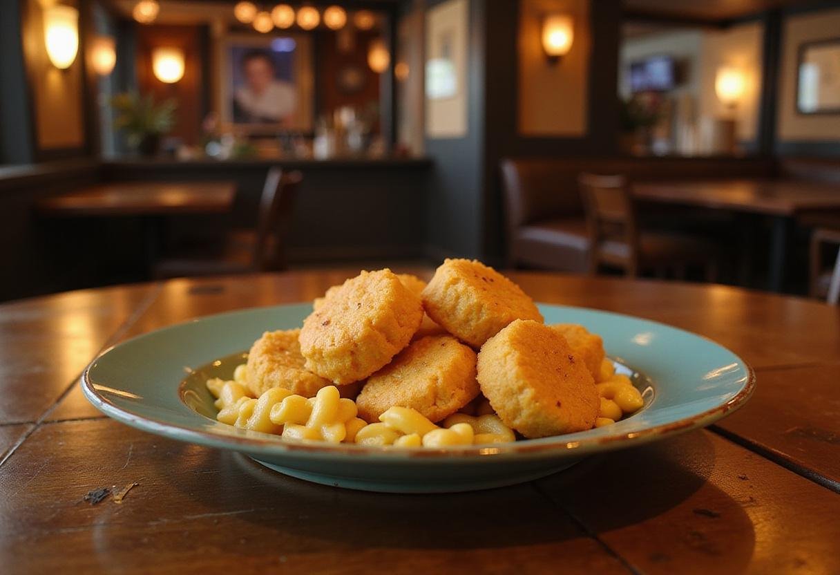 Once Upon a Time in Hollywood's Kraft Mac and Cheese Bites served on a vintage plate in a 1960s Hollywood themed setting.