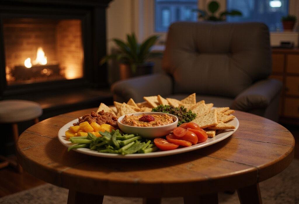 Delicious dip platter inspired by Only Murders in the Building, featuring vibrant dips, fresh vegetables, and crackers in a cozy apartment setting for Mabel Mora food fans.