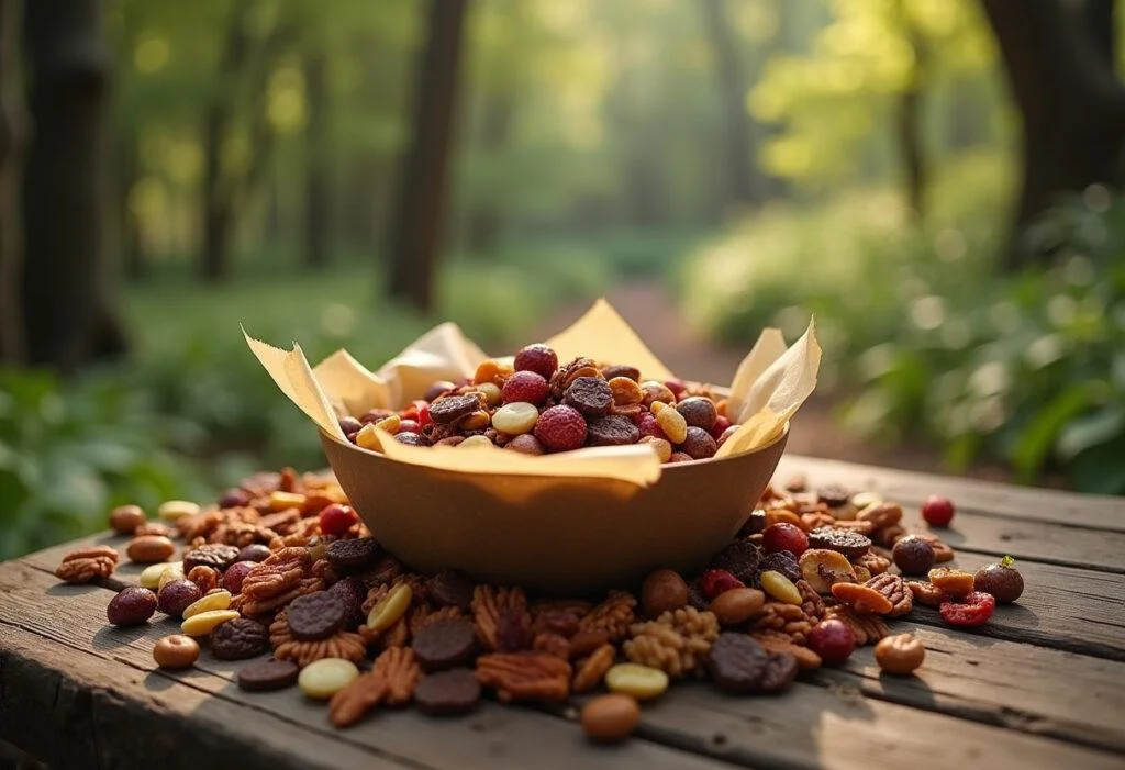 Onward's Quest Mix trail mix displayed in a fantasy-themed setting with nuts, dried fruits, and chocolates, inspired by Onward movie recipes and fantasy food.