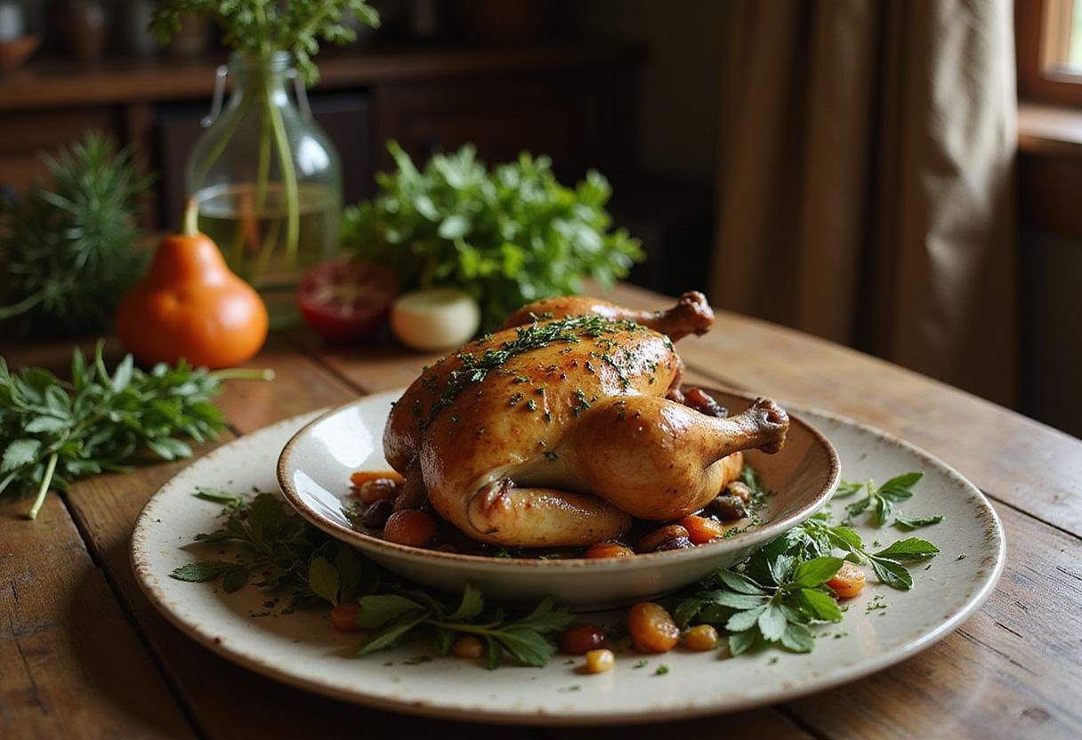 Herb-roasted chicken from Outlander, plated in a rustic kitchen setting with fresh herbs and seasonal vegetables, inspired by Claire Fraser's recipes.