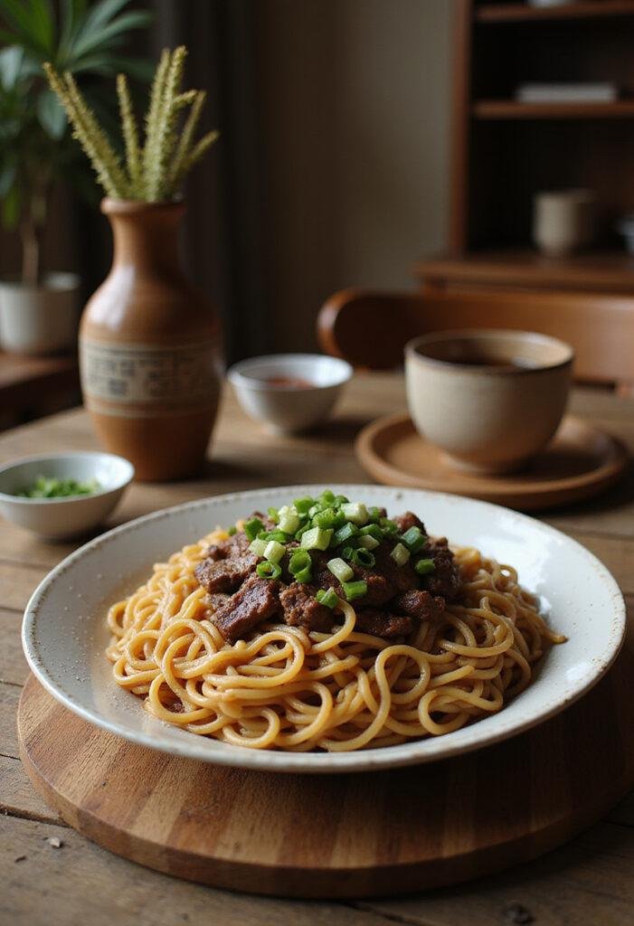 Jessica's Jjapaguri noodles from Parasite, plated elegantly with green onions in a cozy Korean-inspired kitchen scene