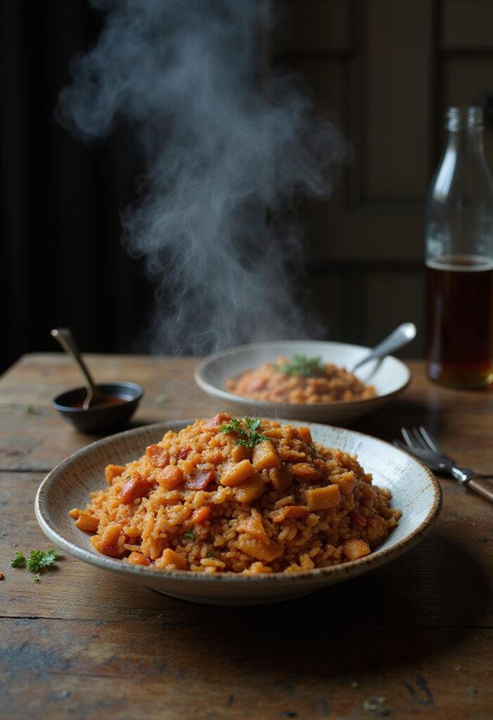 Parasite The Basement Kimchi Fried Rice served on a rustic table with a dark, atmospheric background