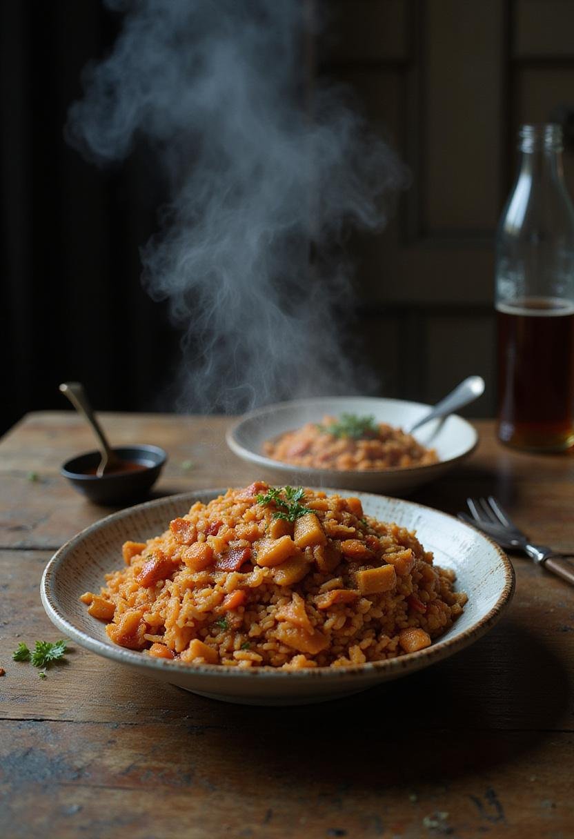 Parasite The Basement Kimchi Fried Rice served on a rustic table with a dark, atmospheric background