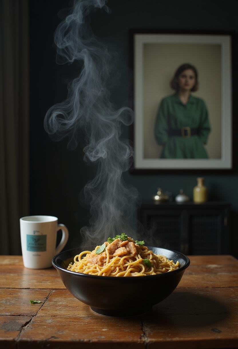 Parasite The Flood Instant Noodles served in a bowl on a wooden table with a cinematic Parasite-themed background, realistic and inviting.