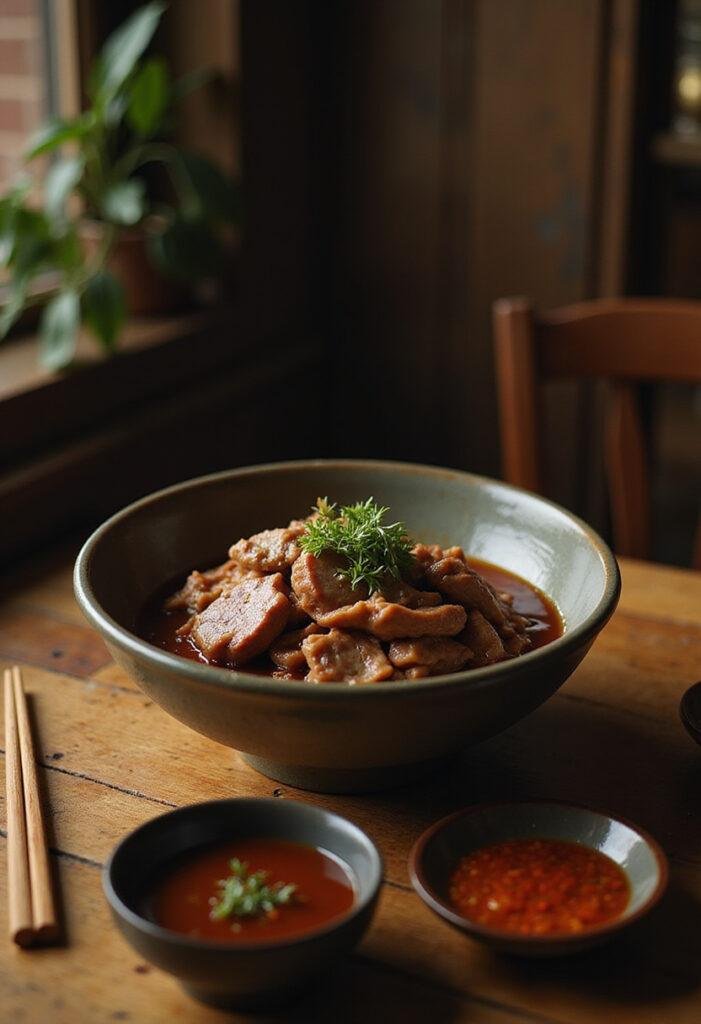 Parasite's Kim Family Ram-Don with Sirloin in traditional Korean dish served in a authentic restaurant setting.