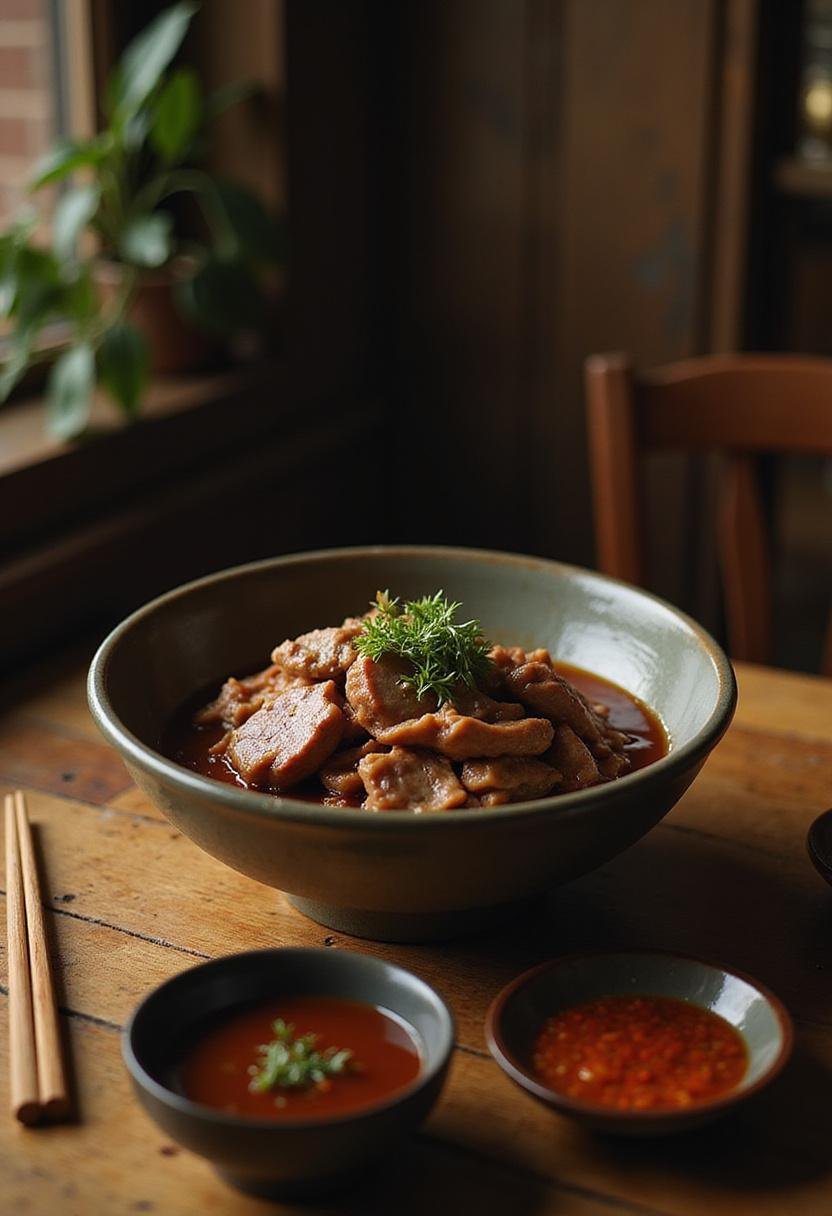 Parasite's Kim Family Ram-Don with Sirloin in traditional Korean dish served in a authentic restaurant setting.
