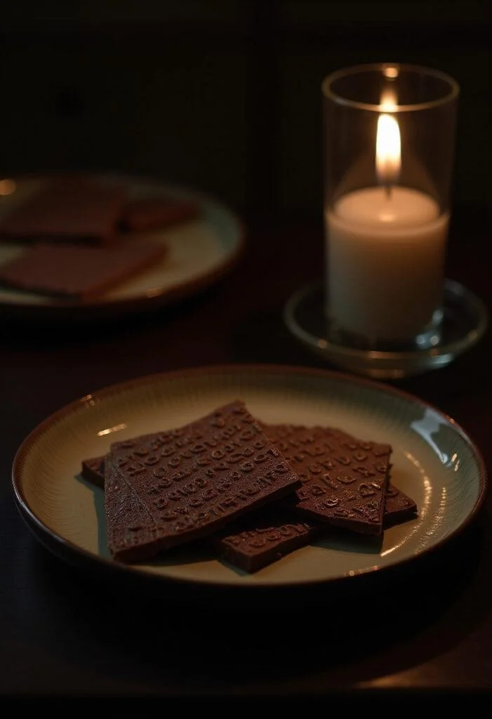 Parasite The Morse Code Chocolate Bark on a wooden table showcasing intricate Morse code patterns in dark chocolate inspired by the movie Parasite.