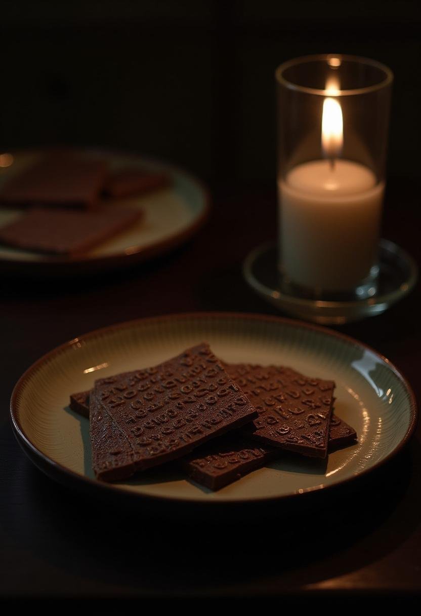 Parasite The Morse Code Chocolate Bark on a wooden table showcasing intricate Morse code patterns in dark chocolate inspired by the movie Parasite.