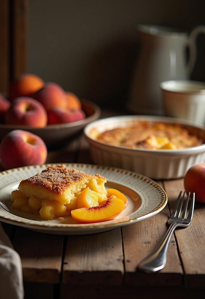 Parasite The Park Family's Peach Fuzz Peach Cobbler served on a rustic plate in a cozy kitchen, showcasing a golden, bubbling peach cobbler inspired by the show.