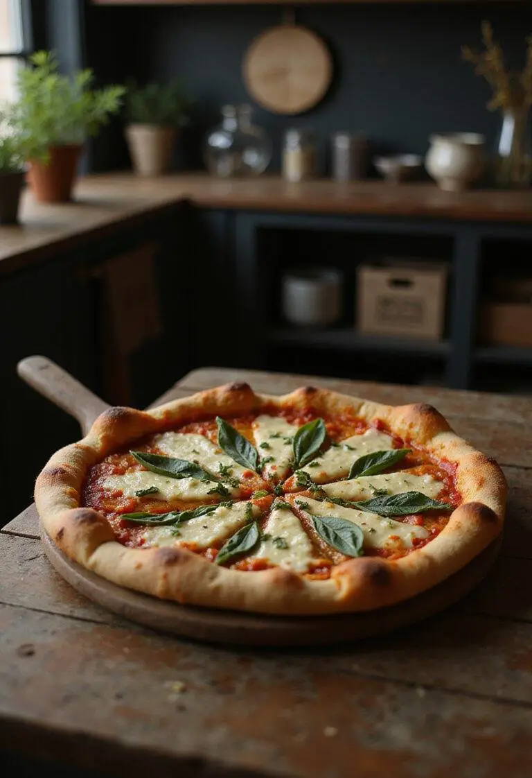 Parasite The Plan Pizza served on a rustic wooden table in a cozy kitchen scene, highlighting a deliciously topped pizza inspired by the movie Parasite.