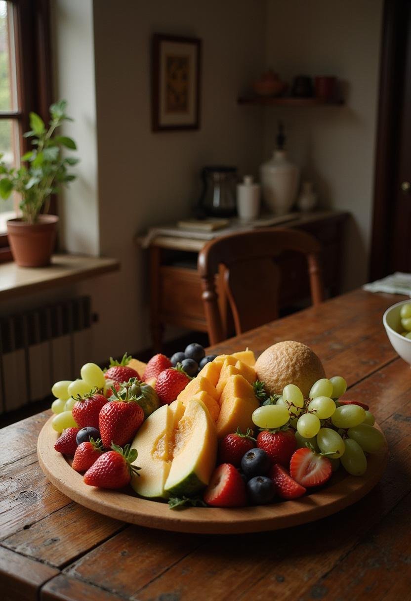 Beautifully arranged fruit platter featuring colorful fresh fruits, inspired by Parasite The Rich Family's setting, in a luxurious Korean home.