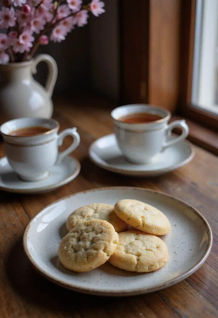Parasite The Scholar's Rock Sugar Cookies served on a ceramic plate with traditional Korean decor and cherry blossoms in the background.