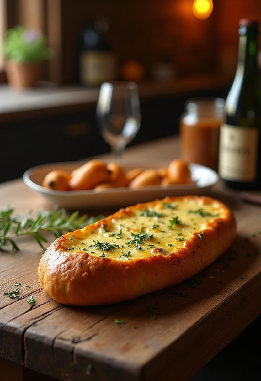 Parasite The Smell Garlic Bread on a rustic table with cheesy topping in a cozy kitchen setting