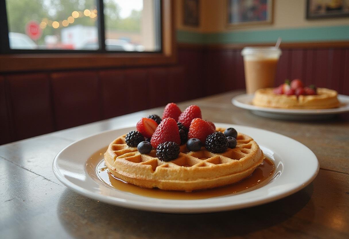 Parks and Recreation's JJ's Diner waffles served with fresh berries on a retro diner table