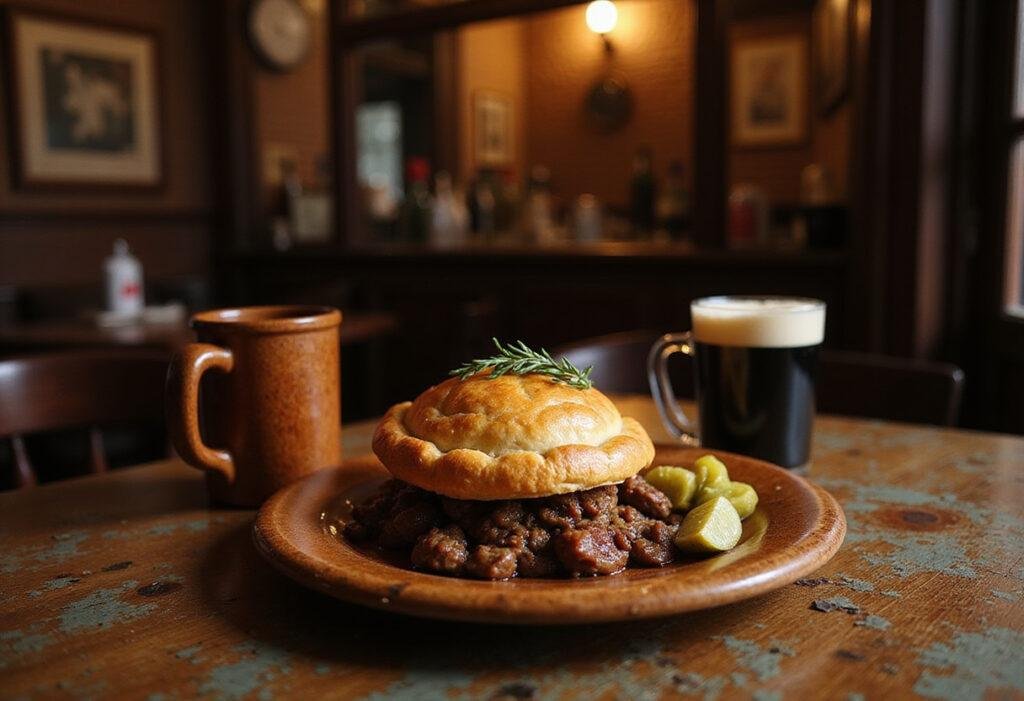 Peaky Blinders' Garrison Pub Pies served in a vintage pub setting with rustic ambiance, featuring a golden meat pie with flaky crust and side garnishes.