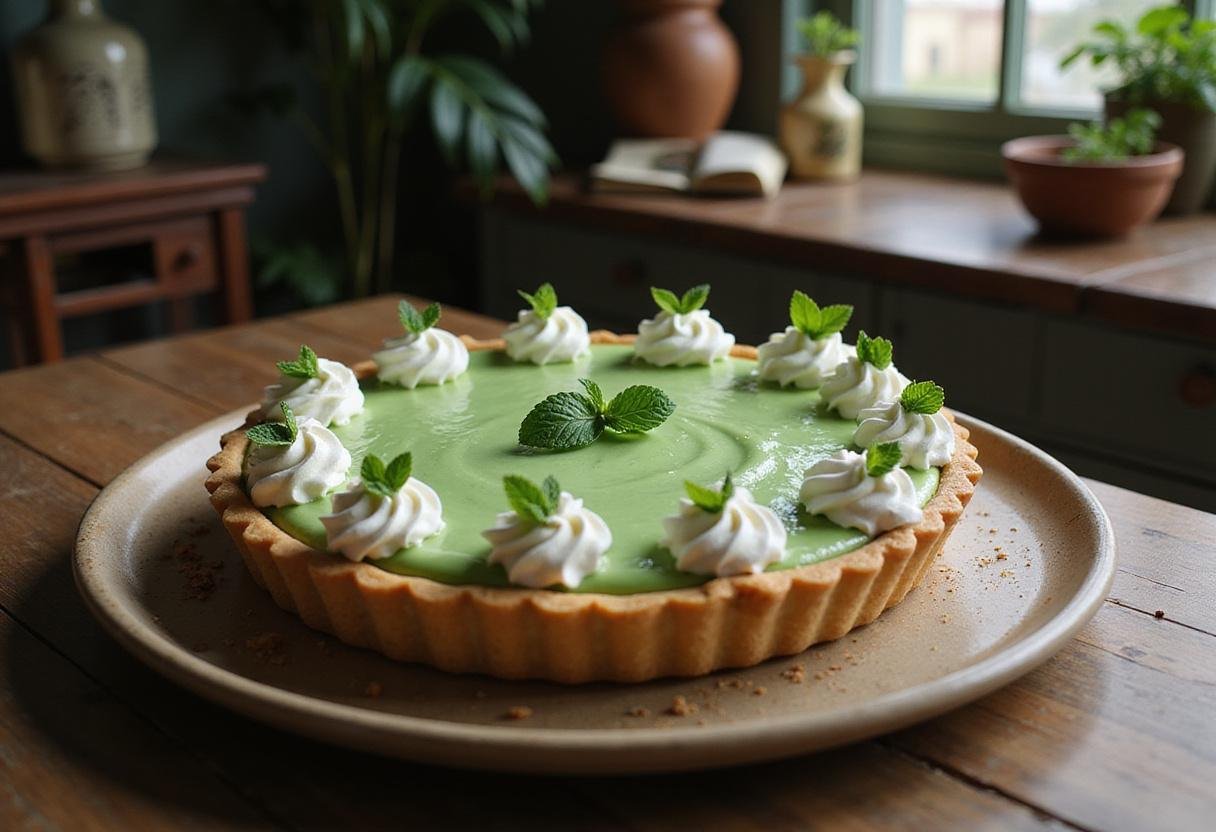 Pinocchio's Jiminy Cricket Grasshopper Pie served on a wooden table, featuring mint-green filling, whipped cream, and fresh mint leaves in a Pinocchio-inspired kitchen.