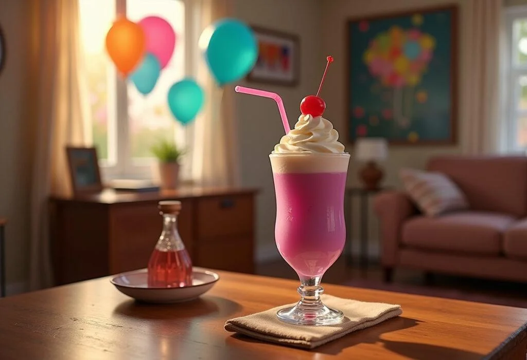 Pixar Carl's Grape Soda Float in a cozy Up movie-inspired setting with balloons and decorations, realistic and appetizing.