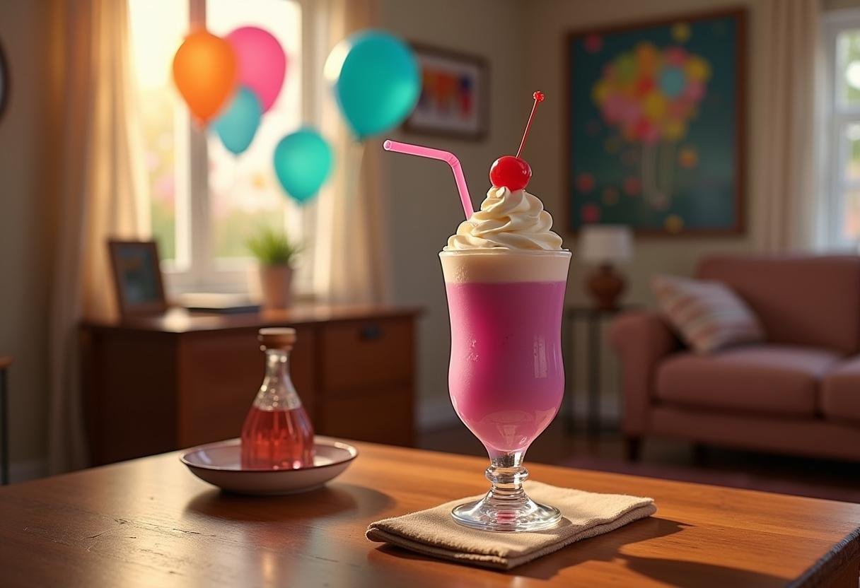 Pixar Carl's Grape Soda Float in a cozy Up movie-inspired setting with balloons and decorations, realistic and appetizing.