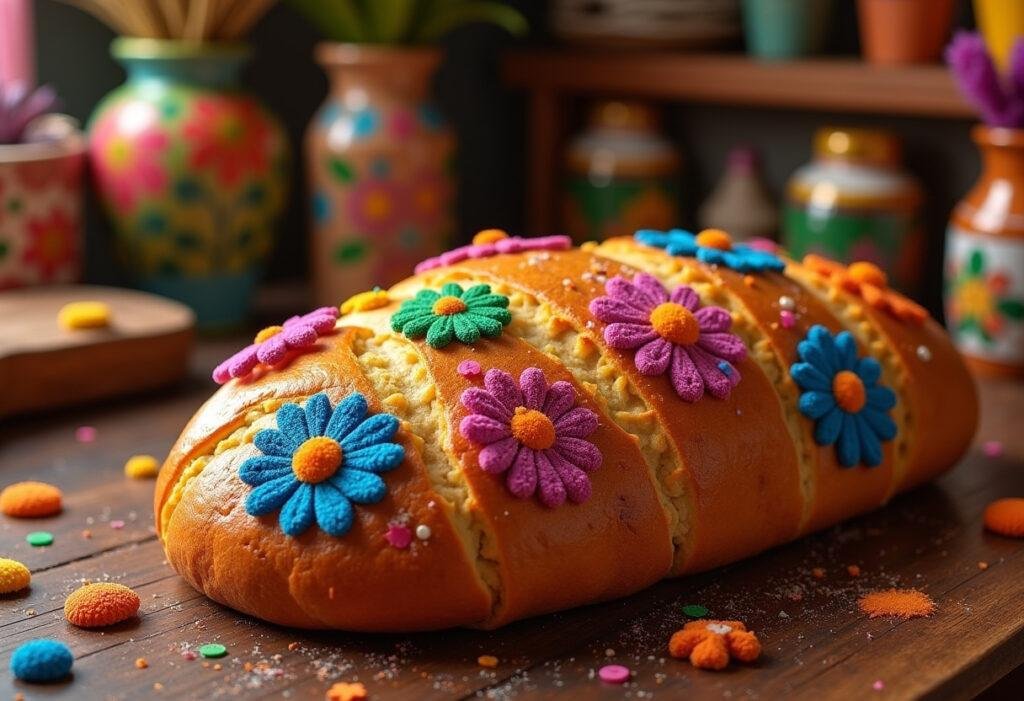 Traditional Pan de Muerto from Pixar Coco movie food scene, decorated with colorful sugar and vibrant Mexican decor