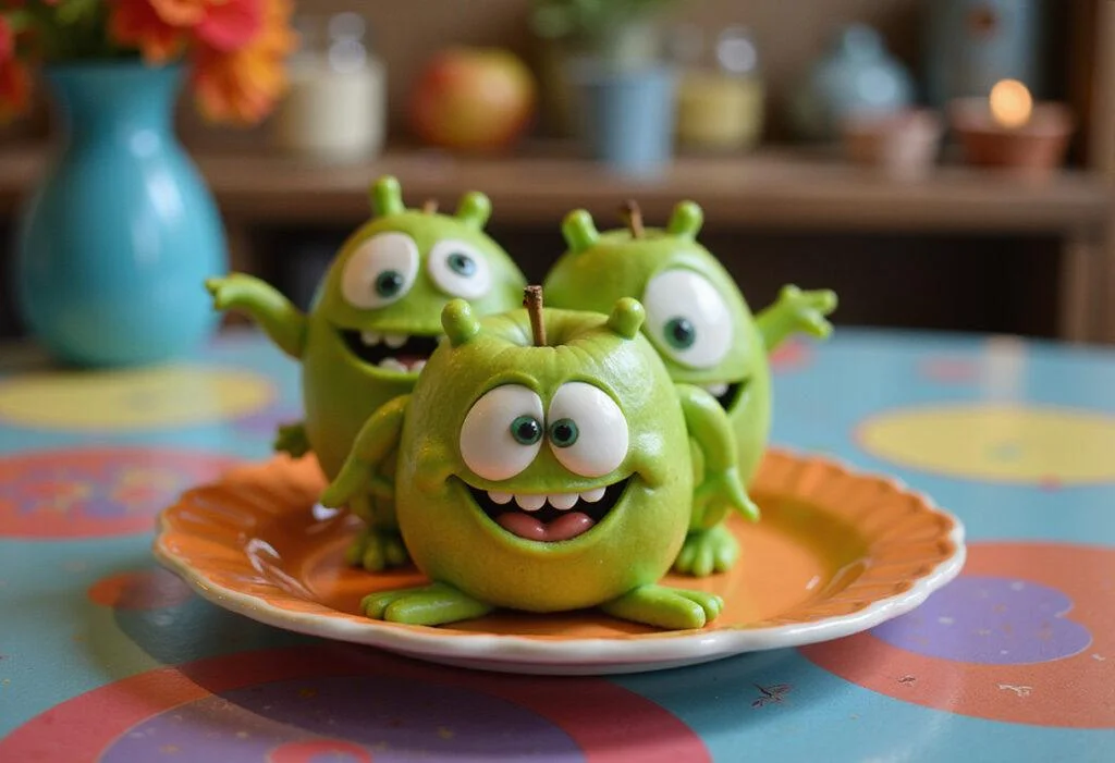 Pixar Monsters Inc. Mike Wazowski apple monsters plated in a colorful Pixar-themed setting, looking playful and delicious.