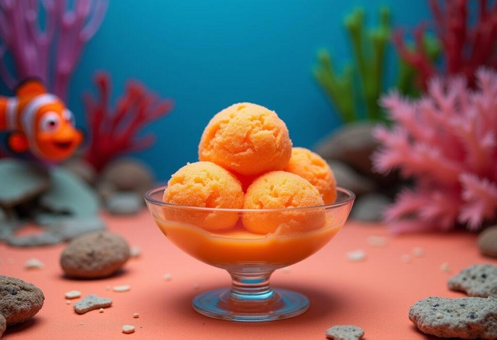 Pixar Nemo's Orange Sherbet served in a clear bowl on a coral reef-inspired table, capturing the underwater theme of Finding Nemo.