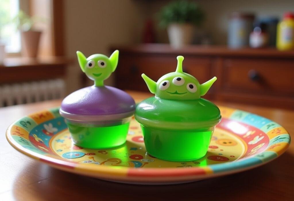 Pixar Pizza Planet Alien Jello Cups, Toy Story-themed jello desserts on a colorful plate in a cozy kitchen setting